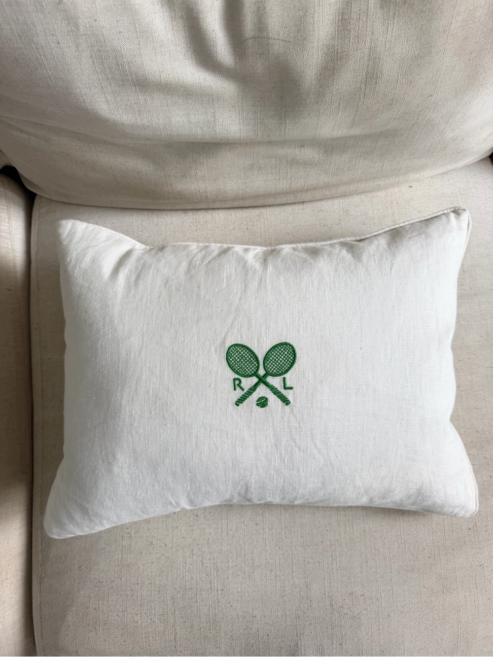 Ralph Lauren White Pillow with Green Tennis Racket Embroidery